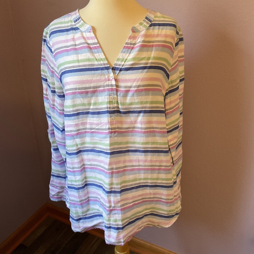 Talbots Colorful Multi Stripe Long Sleeve Linen Top Blouse Size Medium